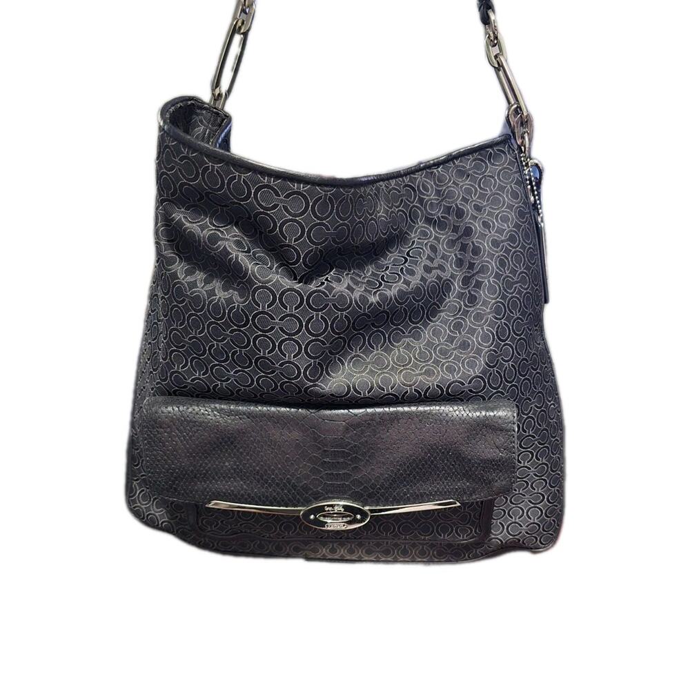 Coach 27906 Op Art Signature Hobo Shoulder Bag Black Gray Blue Lining Turnlock